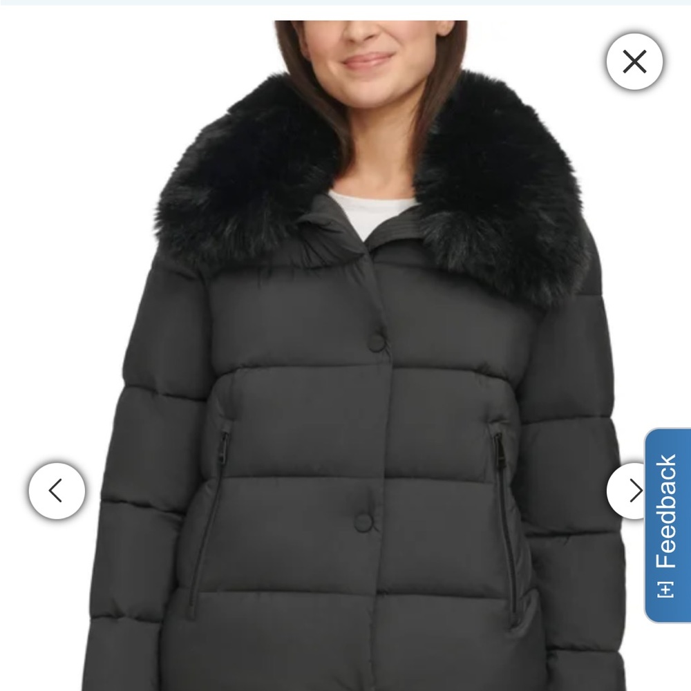 DKNY Black Puffer Jacket with Fur Collar